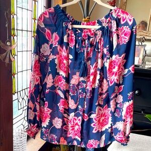 Elegant Floral Women's Blouse in Navy and Pink